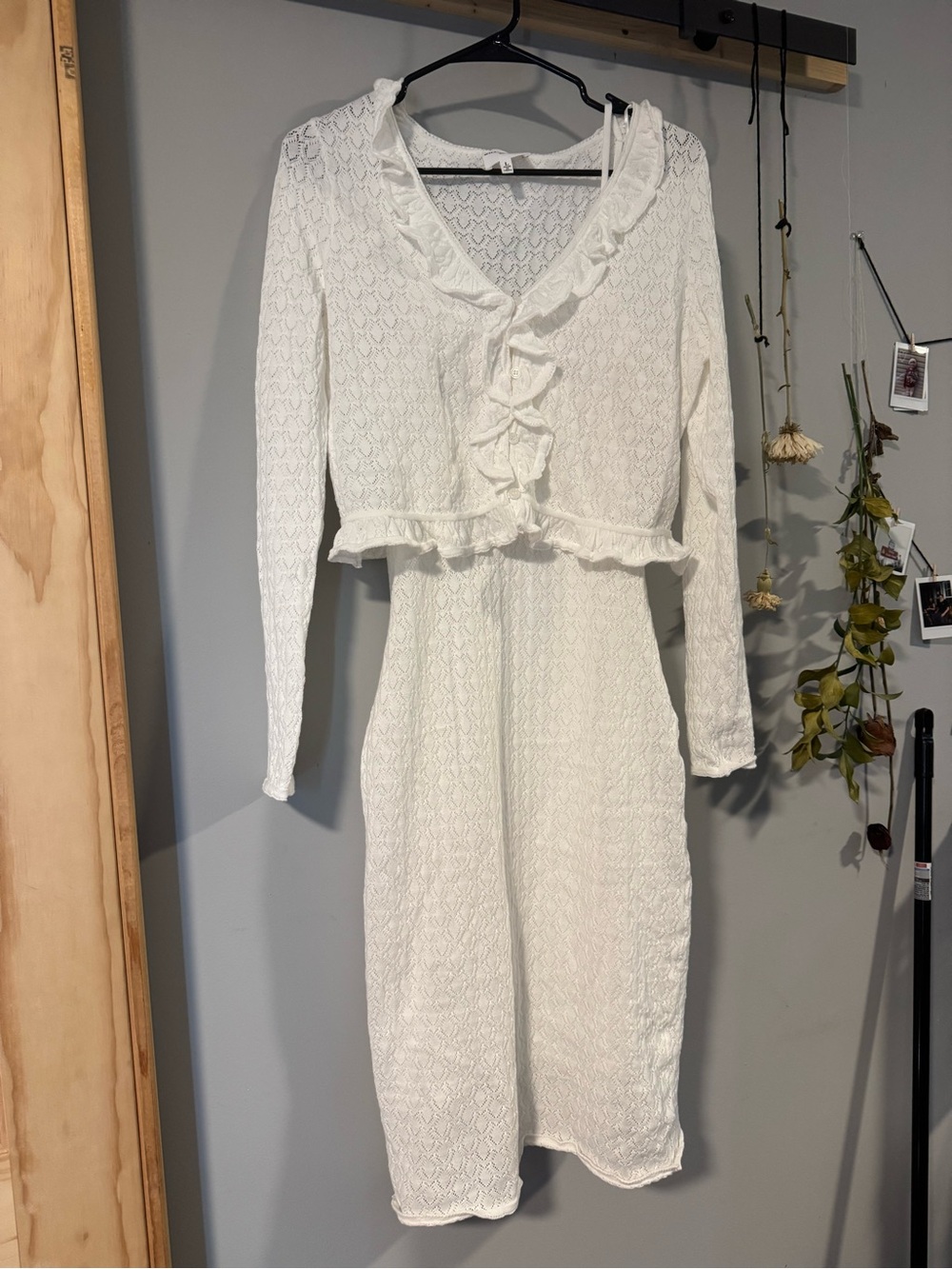 White Lace Midi Dress with Ruffle Cardigan